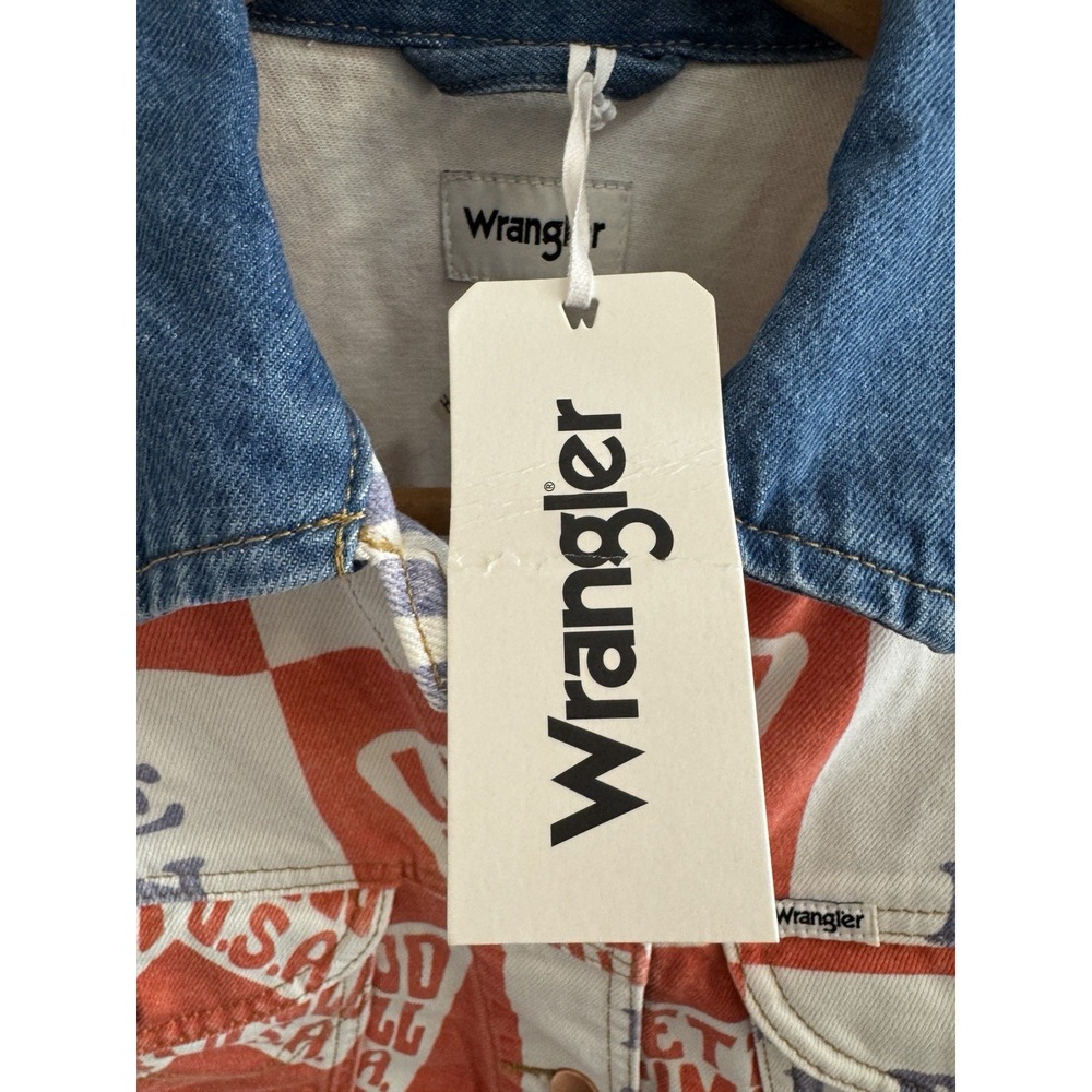 Wrangler Women's XL Graphic Print Denim Jacket Red White Blue Jean Lady - Picture 2 of 10